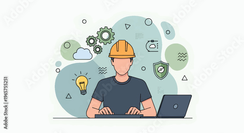 A modern flat vector illustration shows a man in a hardhat working on a laptop with various tech symbols floating around him in a creative workspace environment.