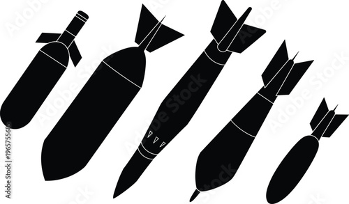 Bomb silhouette collection, missile design illustration, military weapon artwork, defense technology concept, aerospace graphic set, war equipment icon