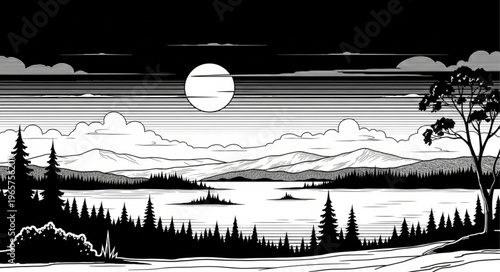 Black and white landscape with moon.