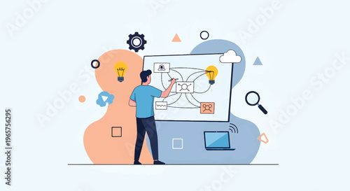 A man standing in a modern office presents a graph on a large screen with various symbols floating around him in a professional environment from a side viewpoint.