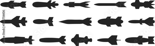 Bomb silhouette icons set, missile design illustration, military weapon artwork, defense technology concept, aerospace projectile graphic, war equipment symbol