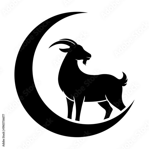 Goat In a Crescent Silhouette Graphic Isolated, Eid al Adha Concept Illustration, Minimalist Islamic Sacrifice Symbol Vector Logo
