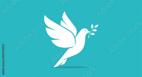 Flat vector white dove illustration with olive branch, turquoise background, peace symbol design, harmony concept, minimalist decorative art element