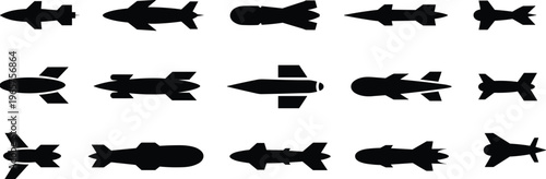 Bomb silhouette icons set, missile design illustration, military weapon artwork, defense technology graphic, aerospace projectile concept, war equipment symbol