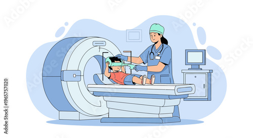 Pediatric MRI Scan: Nurse Assists Child Patient in Modern Medical Imaging Room