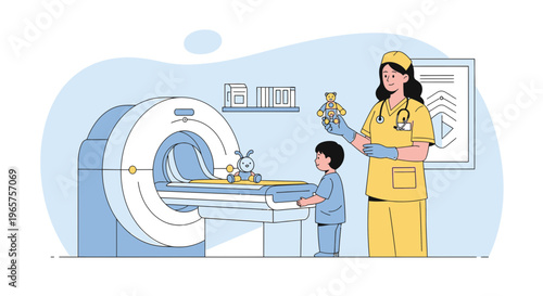 Pediatric MRI Scan: Nurse Calms Child with Toy Before Procedure