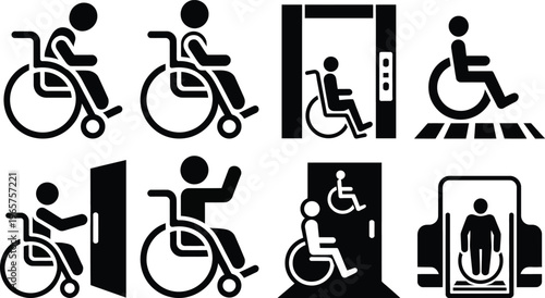 Accessibility symbols for wheelchair users in various environments