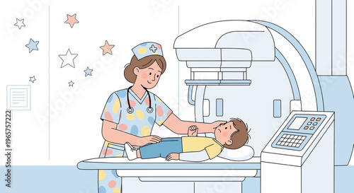 Pediatric X-ray: Nurse Assists Child During Medical Imaging Procedure in Hospital Room