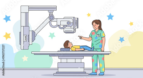 Pediatric X-ray: Nurse Assists Child During Medical Imaging Procedure in Hospital