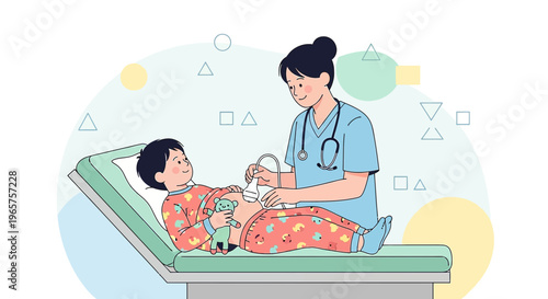 Pediatric Ultrasound: Nurse Performs Sonogram on Child Lying on Examination Table