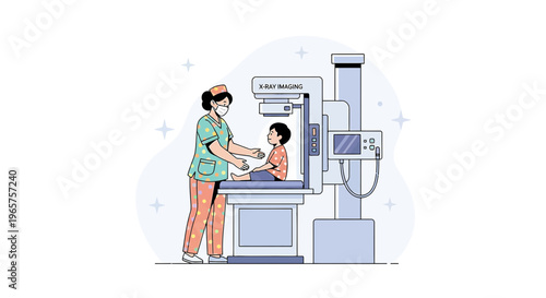 Pediatric X-ray scan: Nurse assists child during medical imaging procedure at clinic