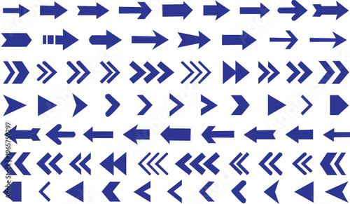 A large collection of blue arrows on a white background