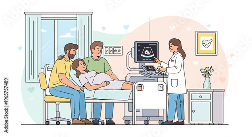 Pregnant Couple Excitedly Views Ultrasound Scan with Doctor in Clinic