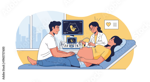 Pregnant Woman Ultrasound Exam with Partner and Doctor