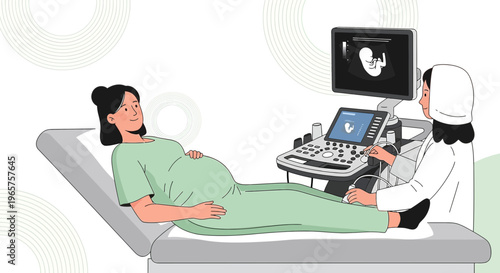Pregnant woman undergoing ultrasound examination by doctor in clinic, baby on screen