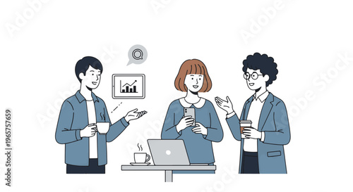 Three business colleagues engaged in a discussion around a desk with a laptop and coffee cups in a modern office setting with charts on the wall.