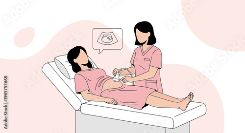 Pregnant woman undergoing ultrasound examination by a doctor, showing baby image