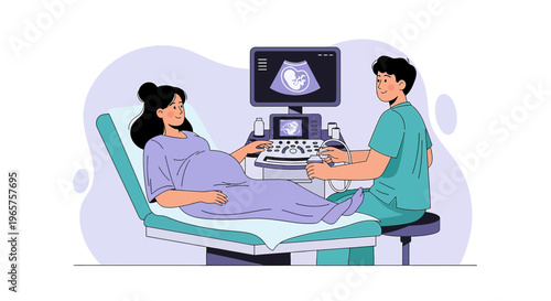 Pregnant Woman Undergoing Ultrasound Examination by Doctor in Clinic