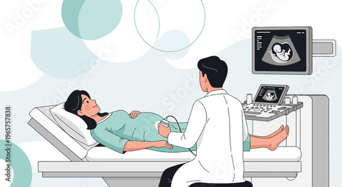 Pregnant Woman Undergoing Ultrasound Examination by Doctor in Clinic