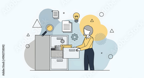 A modern flat vector illustration depicts a woman standing next to an industrial document scanner with various office supplies floating around.