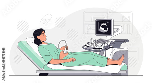 Pregnant woman undergoing ultrasound examination in a modern clinic, showing baby on screen