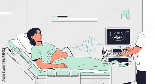 Pregnant woman undergoing ultrasound examination in a modern clinic, showing baby on screen