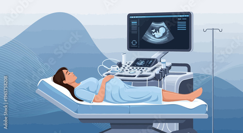 Pregnant woman undergoing ultrasound examination in a modern medical clinic, baby visible on screen