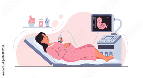 Pregnant Woman Undergoing Ultrasound Examination in Clinic, Baby Image on Screen