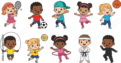 kids sports activities set, children playing tennis soccer basketball karate jumping rope hula hoop, cartoon characters, isolated, fun exercise, active lifestyle