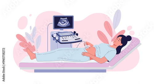 Pregnant Woman Undergoing Ultrasound Examination in Clinic, Medical Technology