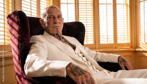 Reclining elder tattooed man wearing white suit in lounge, burgundy chair bathing in shutter light