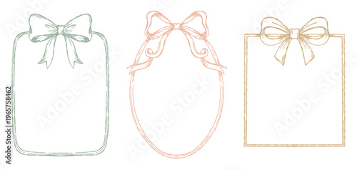 Vintage hand-drawn pastel vector frame label invitation bow ribbon decoration isolated background. Elegant classic rustic craft designs perfect for wedding, greeting, and party.