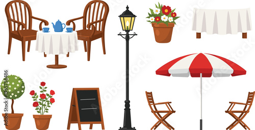 outdoor cafe furniture set, patio chairs table umbrella street lamp plants menu board, restaurant elements, isolated, flat design, cozy outdoor dining