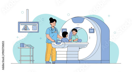 Pediatric MRI Scan: Nurse Assists Child in Modern Medical Imaging Machine