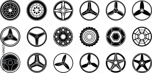 Set of black silhouettes featuring various car rims, steering wheels, and mechanical gear icons isolated on white background for automotive and transportation design.