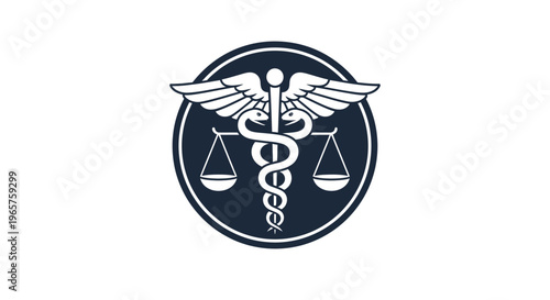 Caduceus Medical Symbol with Scales of Justice in a Dark Circle, isolated white background.