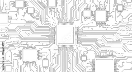 Intricate electronic circuit board with microchips and connections, a technological background on isolated white background.