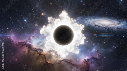 A massive black hole erupts in a vibrant galaxy with swirling clouds.