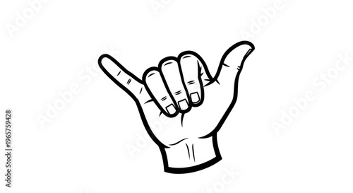 Hand making shaka hang loose sign with extended thumb and pinky finger on isolated white background.