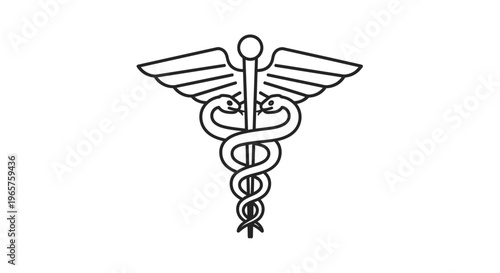 Classic black outline Caduceus medical symbol on isolated white background.