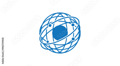 Abstract blue global network globe with interconnected dots and lines on isolated white background.