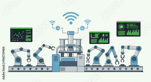 Smart factory automation process with robotic arms and conveyor belt on a modern industrial floor.