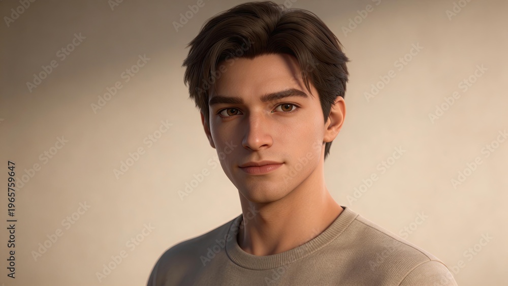 Obraz premium Portrait of a handsome young man with dark hair and brown eyes looking at camera wearing casual beige sweater studio shot neutral background 3d render digital art photorealistic