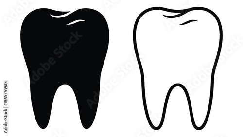 Two contrasting depictions of a human tooth one solid black and the other a white outline silhouette high quality