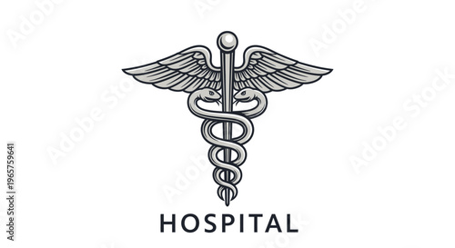 Classic medical caduceus symbol with wings and the text "HOSPITAL," isolated white background.