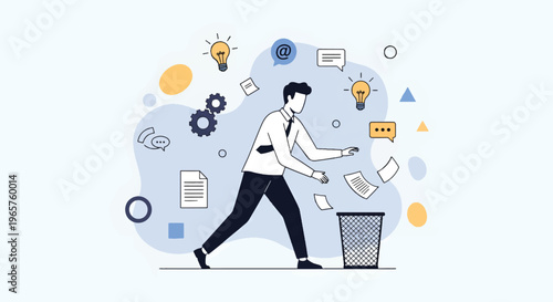 A businessman throws documents into a trash can surrounded by various office supplies and icons in a modern flat vector illustration.