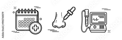 Medical appointment calendar, nasal dropper, and health monitor icons in line art style
