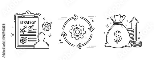 Business strategy and growth illustration with gear and money symbols