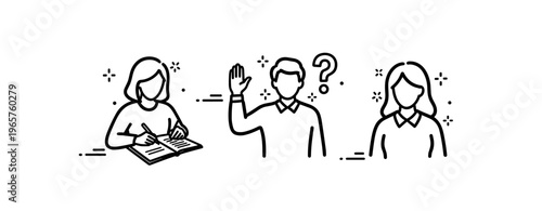 Line art illustration of people: writing, questioning, and listening activities