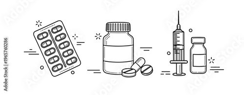 Healthcare essentials: pills, capsules, and syringe illustration